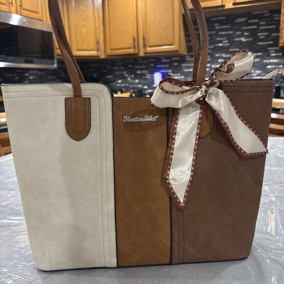 Montana West Medium Tote Bag Brown & Beige Vegan Leather Top Handle Satchel - Picture 2 of 8